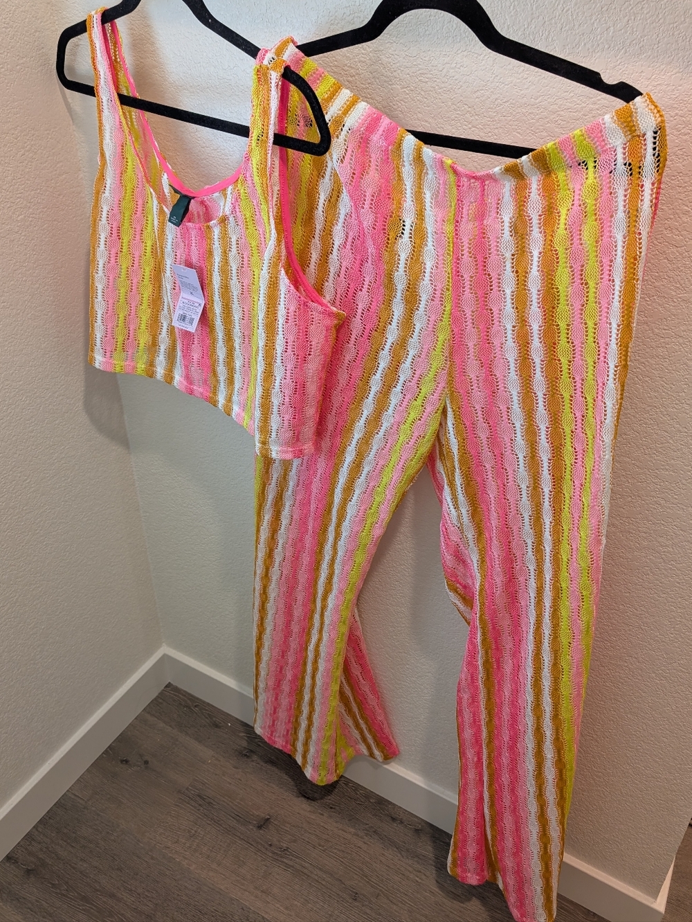 Neon Striped Crochet Crop Top & Wide Leg Flare Pant Set - Picture 2 of 3